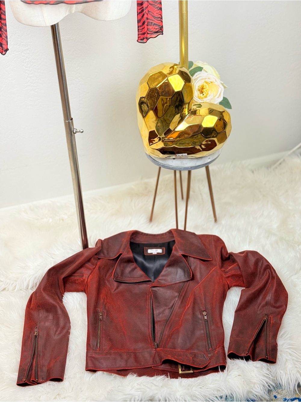 ARCHIVAL SUIT JEWELS by Julie Knapp Burnished Leather Moto Suit Set/S Red Black - Picture 6 of 16